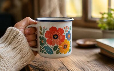 Durable printed enamel mug for camping, hiking, and everyday coffee.
